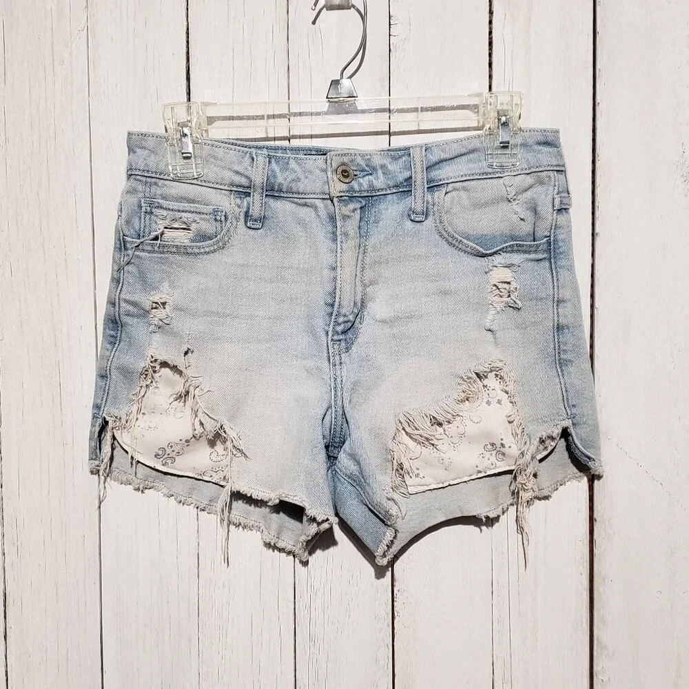Hollister 5 27 Jean Shorts Hi‎ Rise Midi Distressed Blue Ripped Grunge Boho